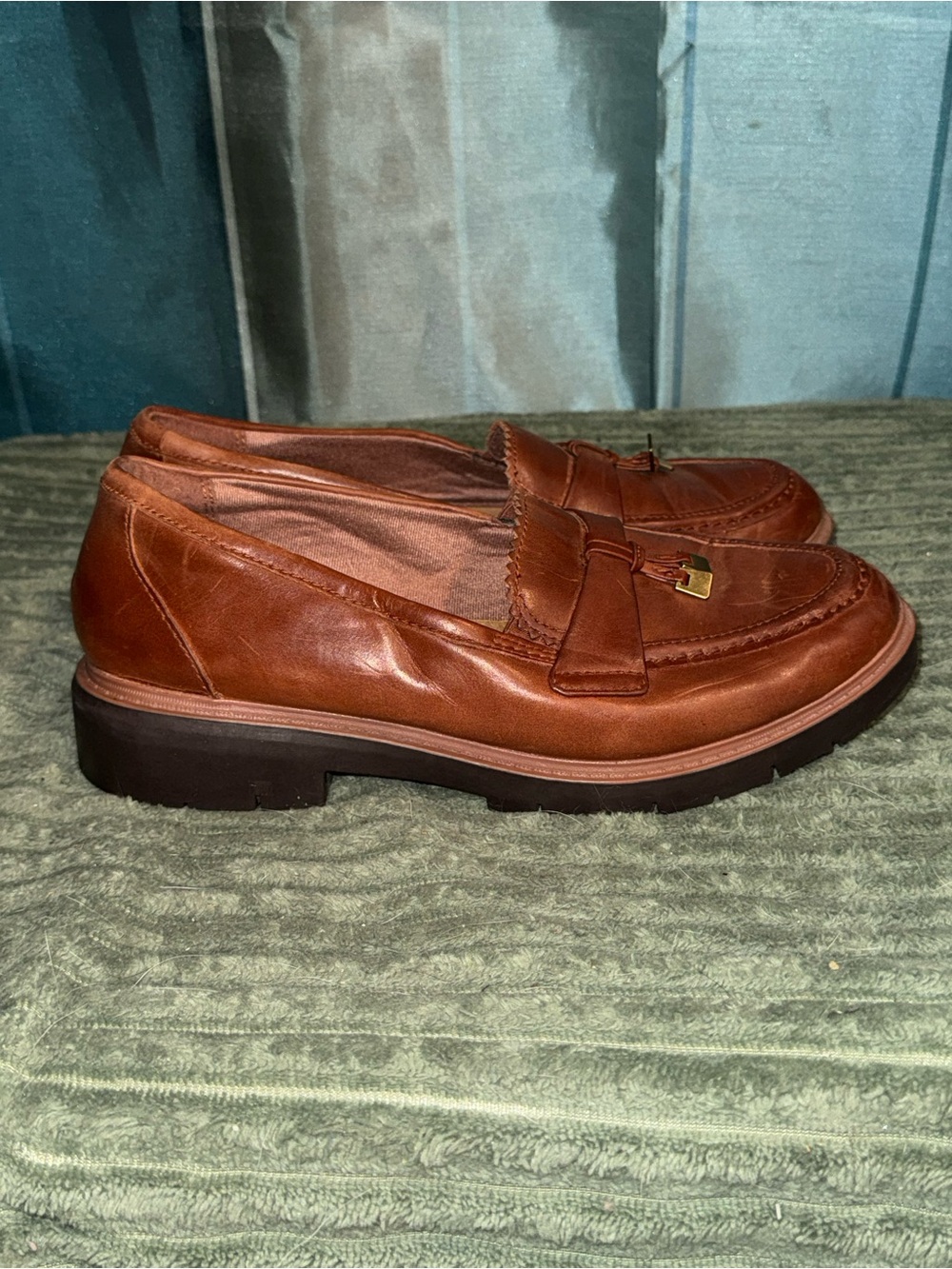 Clarks Women's Brown Leather Penny Loafers with Gold Accent